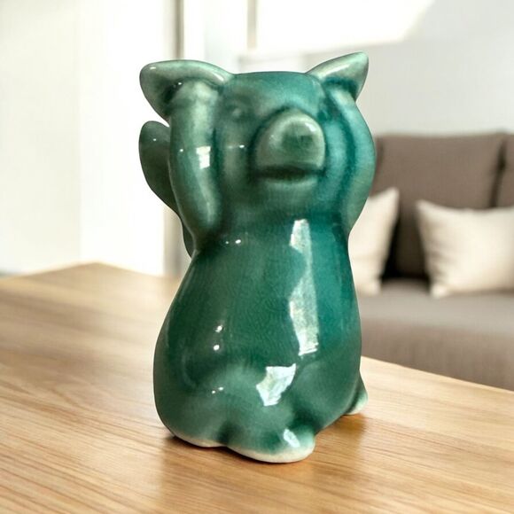 VTG Flying Pig Figurine Green Celadon Glaze Ceramic Miniature Animal Collectible - Picture 7 of 7